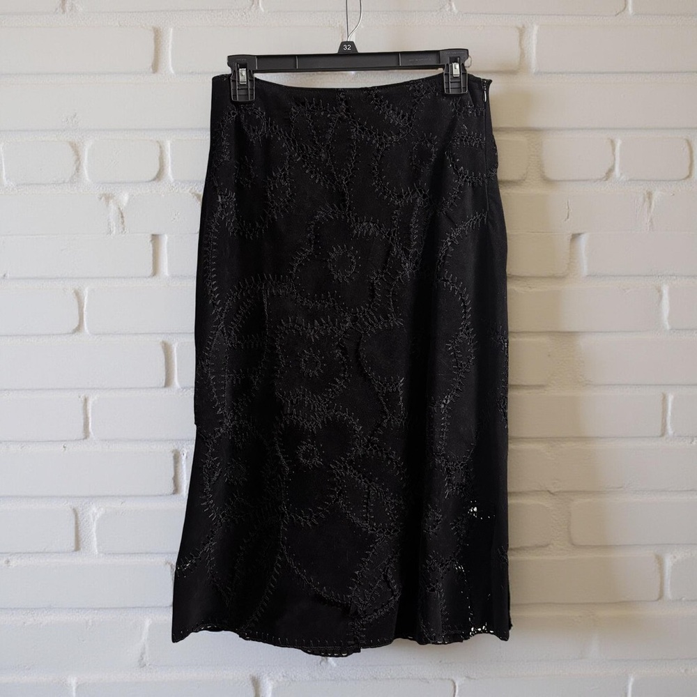 Vintage y2k Leather Floral Stitch Black Midi Knee Length Skirt